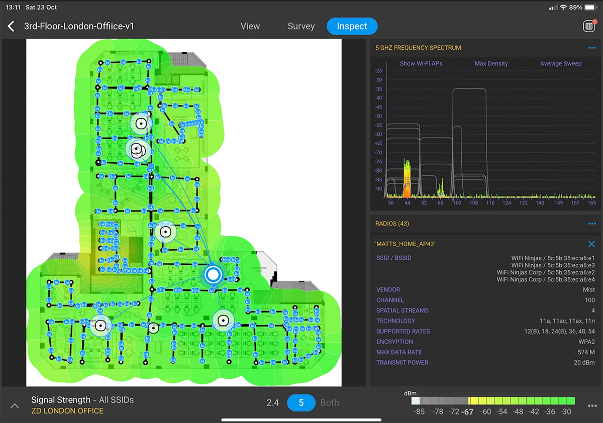 Ekahau site survey on iPad showing detailed radio view