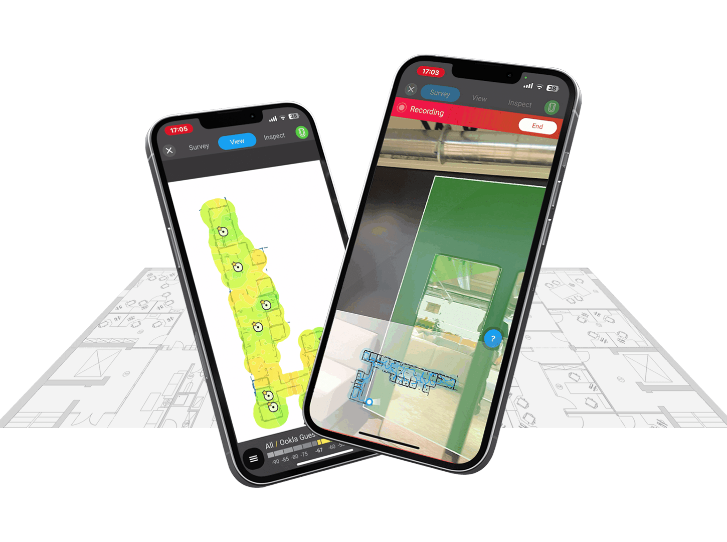 Ekahau Measure phones over a floor plan